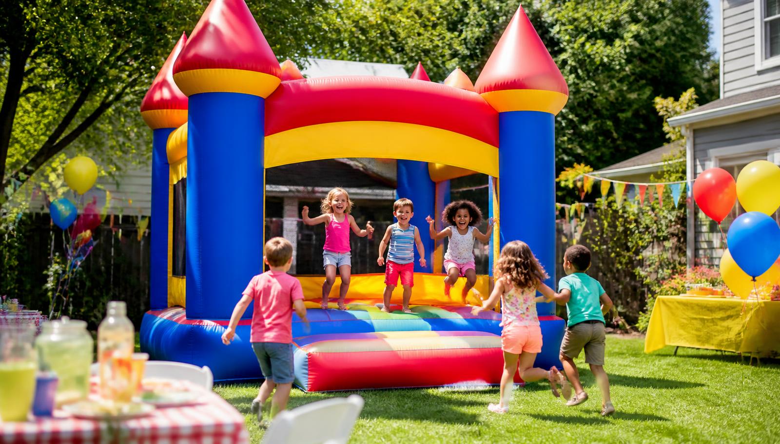Kids jumping in a colorful bouncy castle at a backyard birthday party